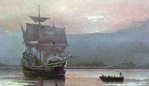 Mayflower in Plymouth Harbor by William Halsall, 1882 at Pilgrim Hall Museum, Plymouth, Massachusetts, USA