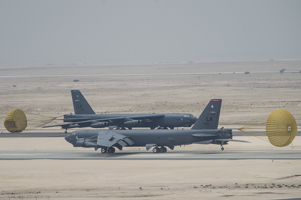 U.S. Air Force B-52 Stratofortress aircraft from Barksdale Air Force Base, Louisiana, arrived at Al Udeid Air Base, Qatar, April 9, 2016 in support of Operation Inherent Resolve, the operation to eliminate Da’esh and the threat they pose to Iraq, Syria and the wider international community, and as needed in the region. The B-52 offers diverse capabilities including the delivery of precision weapons. (U.S. Air Force photo by Staff Sgt. Corey Hook/Released)