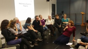 Presenters at the Practice Research Symposium, with Dr Rachel Hann (on the floor), 5 February 2016