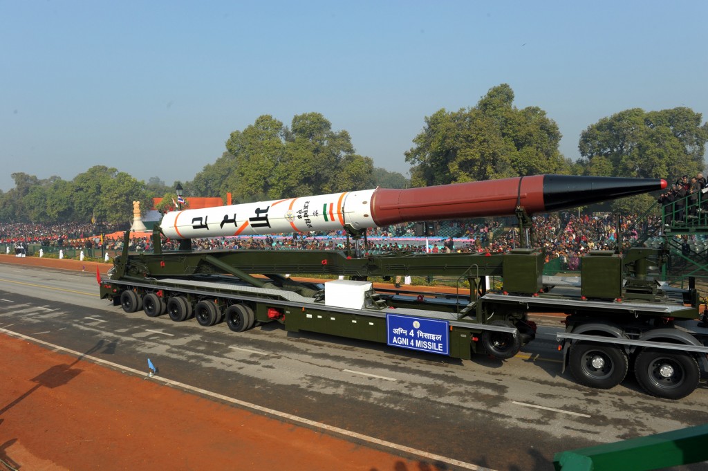 Agni 4 Missile passes through the Rajpath during the full dress rehearsal for the Republic Day Parade-2012, in New Delhi on January 23, 2012.