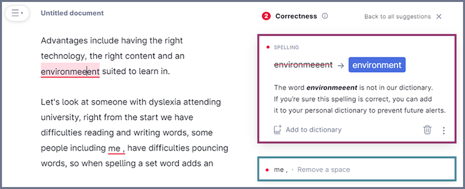 Screenshot of how spelling corrections are shown and how to correct them.