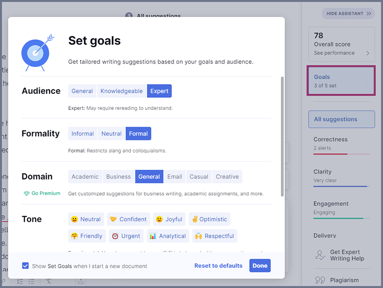 Screenshots of set goals and options. Audience, Formality, Domain and Tone.