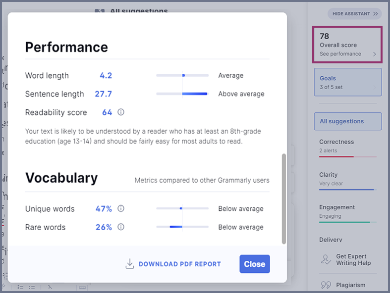 Screenshot of how over all score can be seen. Popup box shows performance and vocabulary scores for the document.