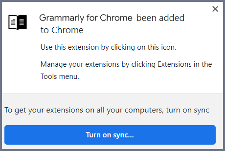 Screenshot of the grammarly added, ‘Turn on sync’.