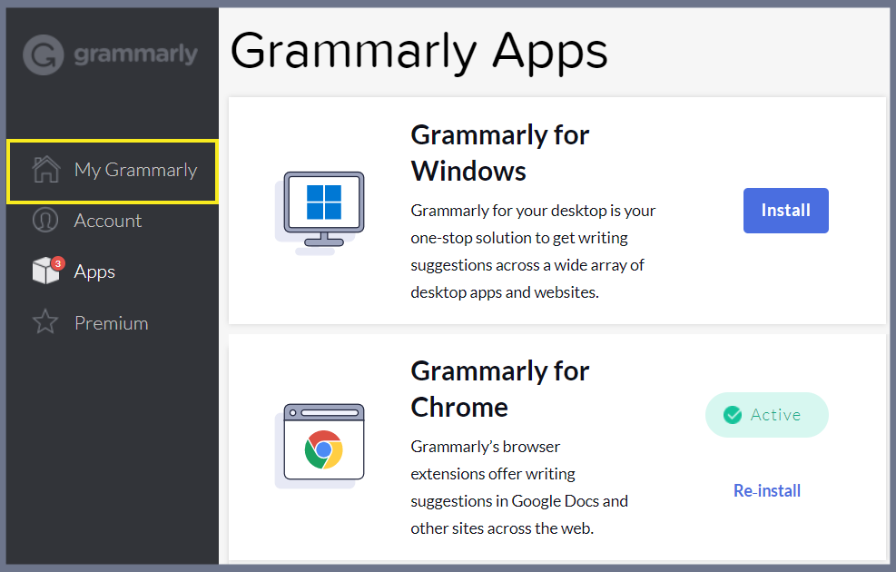 Screenshot of My Grammarly’ menu.