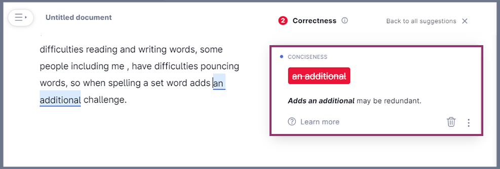 Screenshot of how clarity words are shown and how to correct them.
