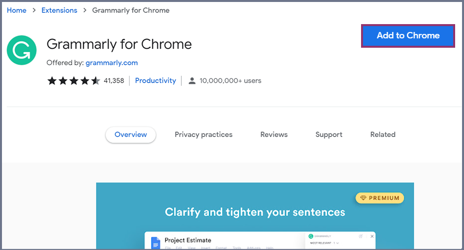 Screenshot of the grammarly ‘add to chrome’ button, highlighted.