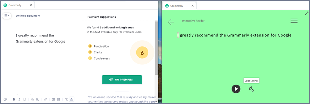 Screenshot of double screen one of grammarly and one of Immersive reader with a green background.