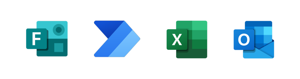 Images of Office 365 icons. (L-R) Forms, Power Automate, Excel and Outlook.
