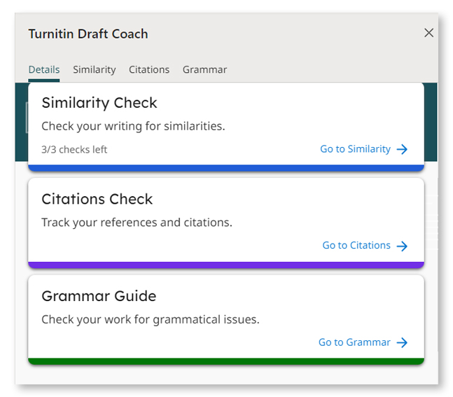Screen shot of the different checks turnitin draftcoach in word