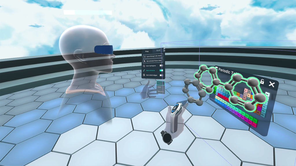 Screenshot of the nanome app, with a person in virtual reality manipulating a molecule.