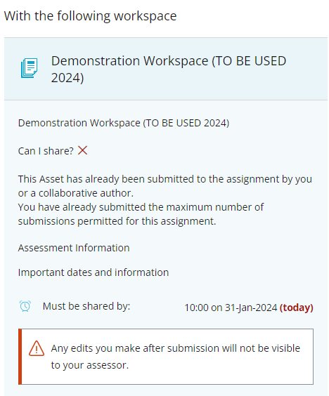 Screenshot of submitting an asset to a workspace that uses the submission versioning feature.