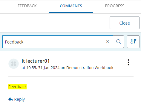 Screenshot of the 'Comment' section and searching with keywords in a workbook submission (assessor view).