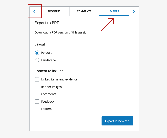 Screenshot of the 'Export' button in the right-hand side panel when viewing an individual submission in an ATLAS workspace.