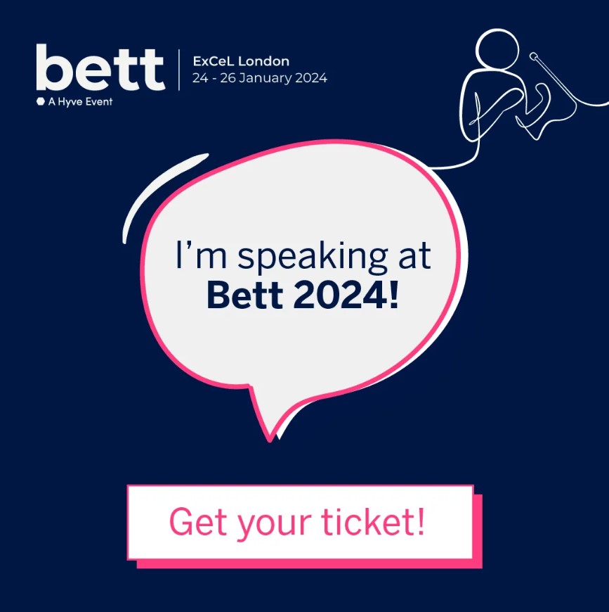 A navy poster with large speech bubble center frame saying 'I'm speaking at Bett 2024!'