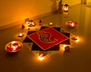 Diwali lights on display on the ground.