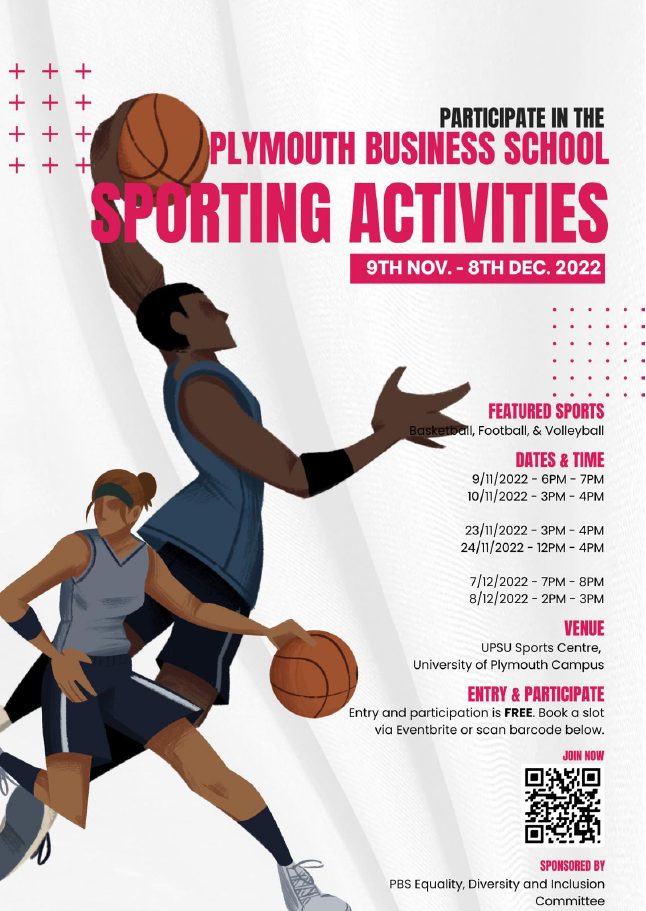 The Free Sporting Event programme poster, showing a game of basketball, as well as dates for previous events.