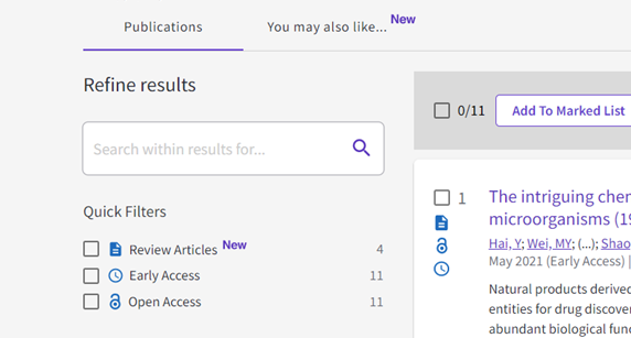 A close-up of the search results on the Web of Science site, showing the options to filter for Review Articles, Early Access or Open Access articles on the left-hand side of the page.