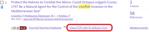 A close-up of a search result in Web of Science. Underneath the article title are various full-text options. The option to "View PDF with EndNote Click" is circled in red.