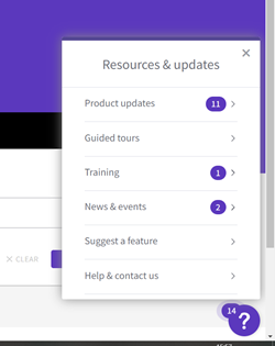The 'resources and updates' feature on Web of Science, found by clicking on a purple button on the bottom right hand side of the home page. Options displayed are: product updates, guided tours, training, news & events, suggest a feature, and help & contact us