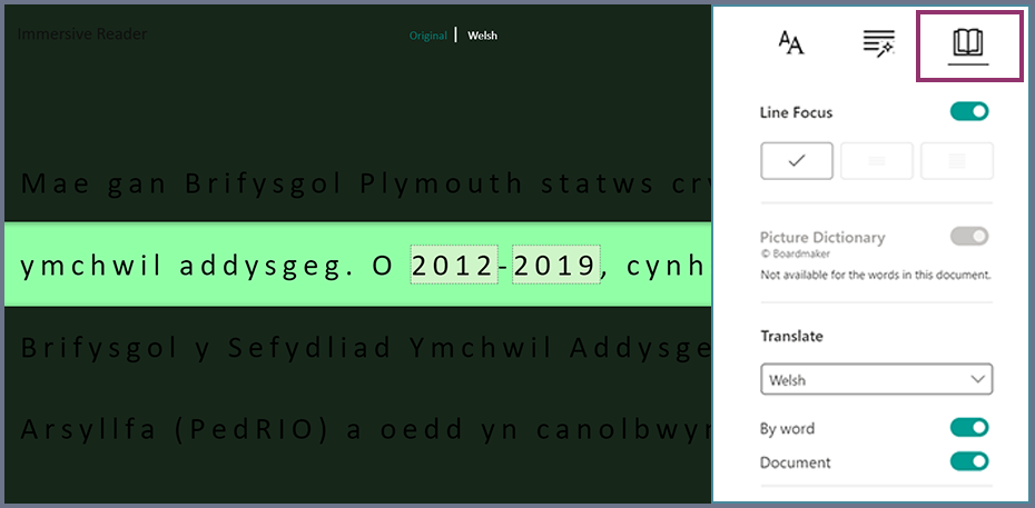 Screenshot of where the ‘Read Preference’ button can be found and a view of the menu. Image showing one line of words, with black writing and green background.