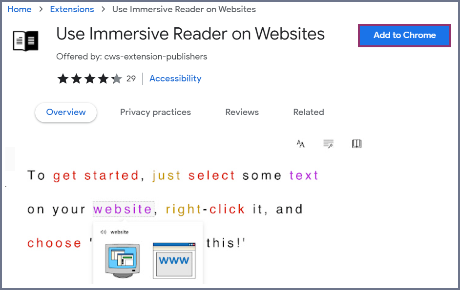 Screenshot of the immersive reader ‘add to chrome’ button,highlighted