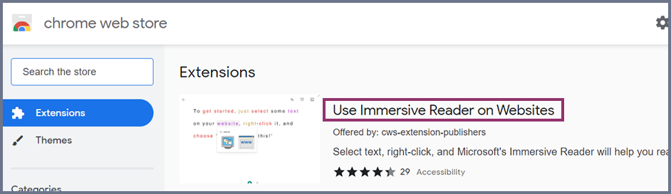 Screenshot of the Immersive reader link highlighted 